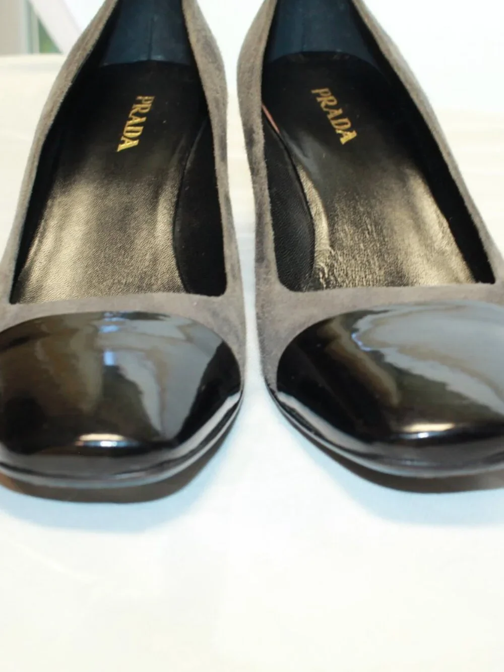 Prada Size 10 / 41 Gray Suede W Black Patent Cap Square Toe Heels Pumps - 9623
